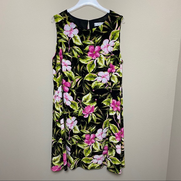 Kasper | Black Pink Green Hibiscus Dress - Picture 4 of 10